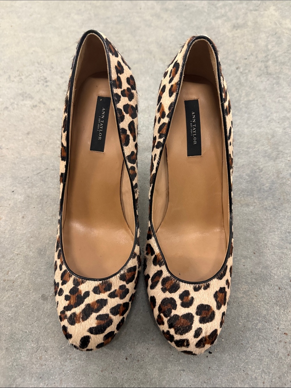 Ann Taylor Leopard-Pattern Calf Hair Pumps in Tan and Black